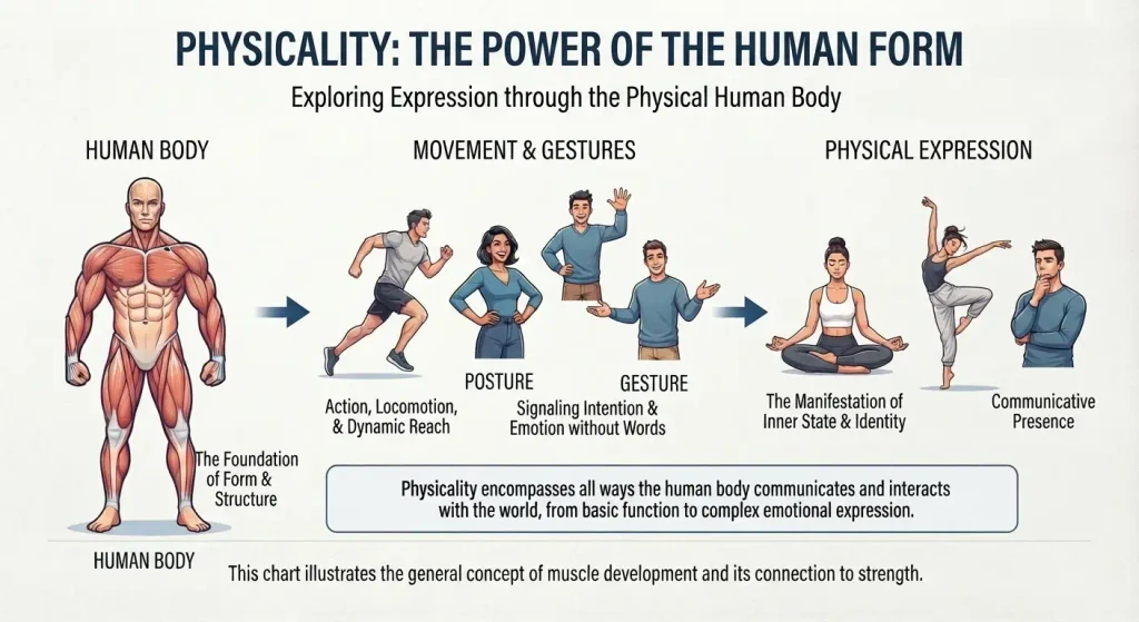 Expression through or focus on the physical human body.
