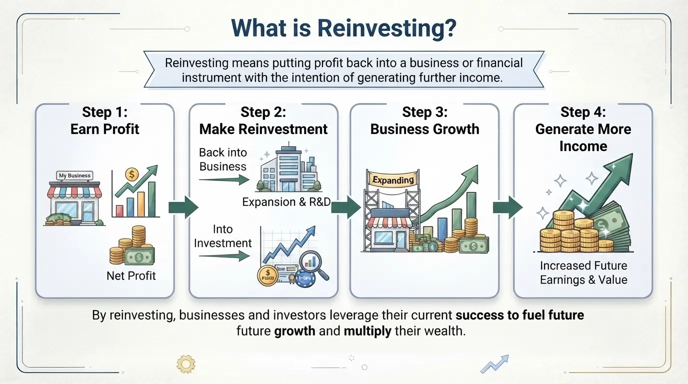 Put profit back into a business or financial instrument to generate further income.