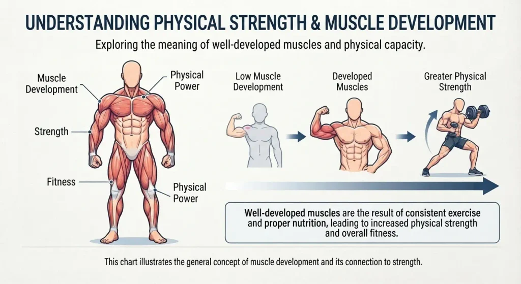 Well-developed muscles and physical strength.